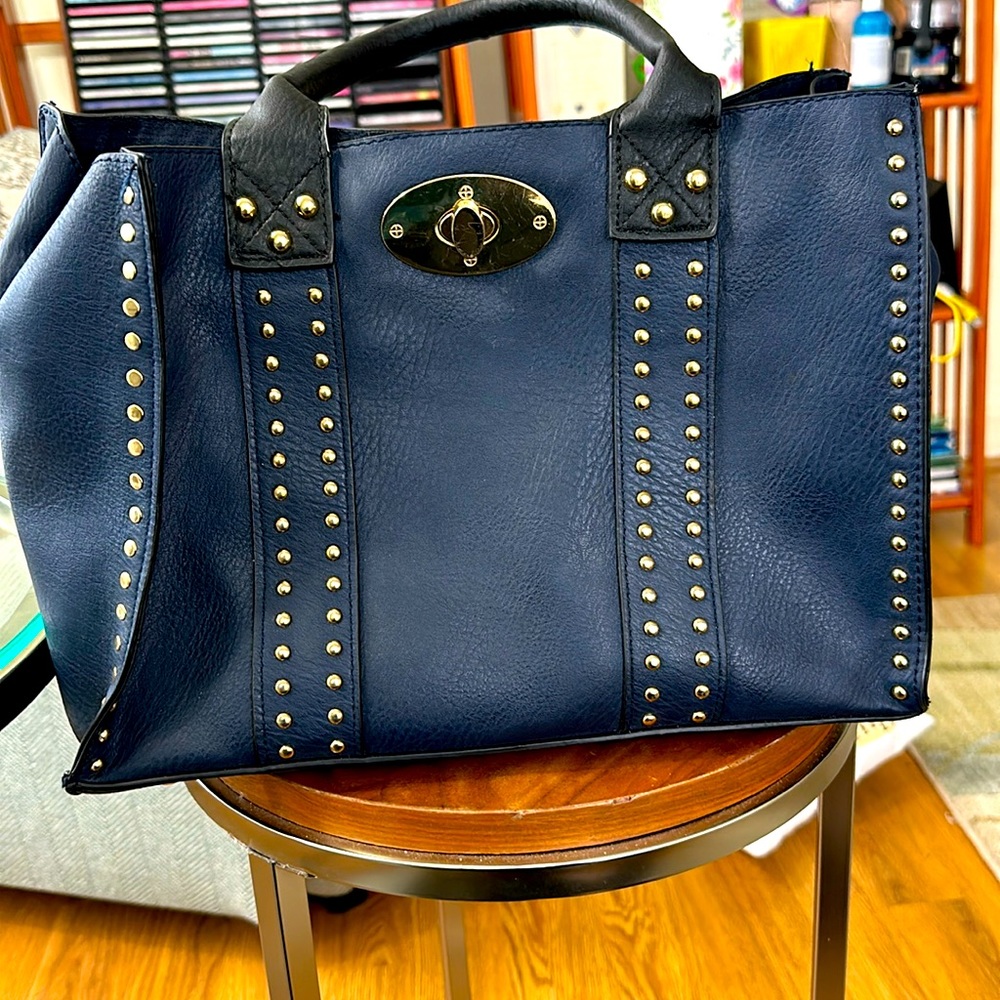 Beautiful Satchel Type Ladies Bag. Navy with Gold With Change Purse Attached